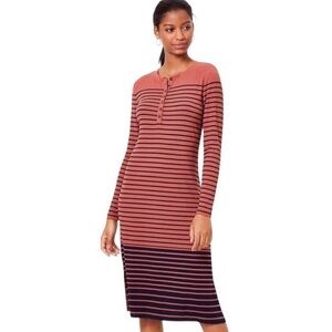 NWT LOFT Striped Long Sleeve Henley Midi Dress in Copper Red/Navy